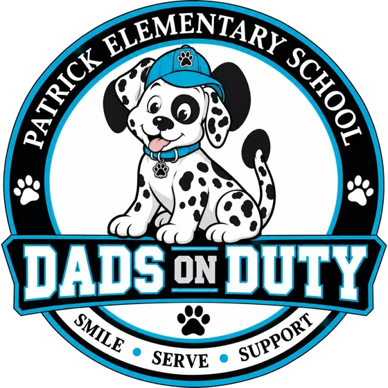 Patrick Elementary School Dads on Duty logo: a Dalmatian puppy in a blue cap above the words Dads on Duty, with the motto Smile, Serve, Support
